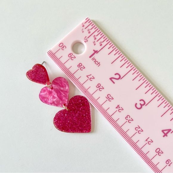 Hot Pink, Acrylic Sparkle Heart, 3 Tiered,  Pierced Earrings, 2 1/2” drop, NWT - Picture 2 of 4